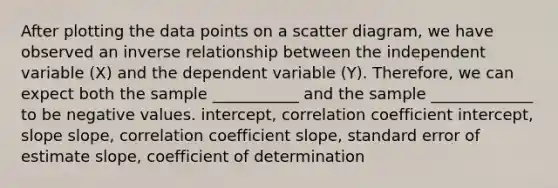 After plotting the data points on a scatter diagram, we have observed an <a href='https://www.questionai.com/knowledge/kc6KNK1VxL-inverse-relation' class='anchor-knowledge'>inverse relation</a>ship between the independent variable (X) and the dependent variable (Y). Therefore, we can expect both the sample ___________ and the sample _____________ to be negative values. intercept, correlation coefficient intercept, slope slope, correlation coefficient slope, standard error of estimate slope, coefficient of determination