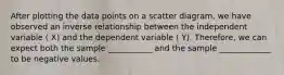 After plotting the data points on a scatter diagram, we have observed an inverse relationship between the independent variable ( X) and the dependent variable ( Y). Therefore, we can expect both the sample ___________ and the sample _____________ to be negative values.