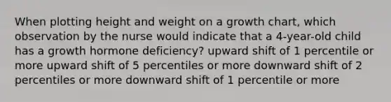 When plotting height and weight on a growth chart, which observation by the nurse would indicate that a 4-year-old child has a growth hormone deficiency? upward shift of 1 percentile or more upward shift of 5 percentiles or more downward shift of 2 percentiles or more downward shift of 1 percentile or more