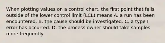 When plotting values on a control​ chart, the first point that falls outside of the lower control limit​ (LCL) means A. a run has been encountered. B. the cause should be investigated. C. a type I error has occurred. D. the process owner should take samples more frequently.