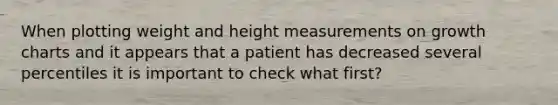 When plotting weight and height measurements on growth charts and it appears that a patient has decreased several percentiles it is important to check what first?