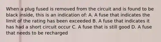 When a plug fused is removed from the circuit and is found to be black inside, this is an indication of: A. A fuse that indicates the limit of the rating has been exceeded B. A fuse that indicates it has had a short circuit occur C. A fuse that is still good D. A fuse that needs to be recharged