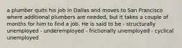 a plumber quits his job in Dallas and moves to San Francisco where additional plumbers are needed, but it takes a couple of months for him to find a job. He is said to be - structurally unemployed - underemployed - frictionally unemployed - cyclical unemployed