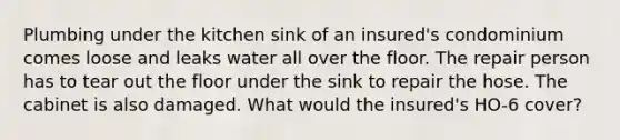 Plumbing under the kitchen sink of an insured's condominium comes loose and leaks water all over the floor. The repair person has to tear out the floor under the sink to repair the hose. The cabinet is also damaged. What would the insured's HO-6 cover?