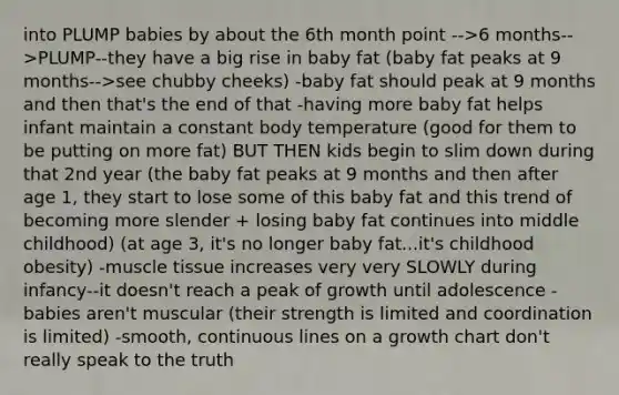 into PLUMP babies by about the 6th month point -->6 months-->PLUMP--they have a big rise in baby fat (baby fat peaks at 9 months-->see chubby cheeks) -baby fat should peak at 9 months and then that's the end of that -having more baby fat helps infant maintain a constant body temperature (good for them to be putting on more fat) BUT THEN kids begin to slim down during that 2nd year (the baby fat peaks at 9 months and then after age 1, they start to lose some of this baby fat and this trend of becoming more slender + losing baby fat continues into middle childhood) (at age 3, it's no longer baby fat...it's childhood obesity) -muscle tissue increases very very SLOWLY during infancy--it doesn't reach a peak of growth until adolescence -babies aren't muscular (their strength is limited and coordination is limited) -smooth, continuous lines on a growth chart don't really speak to the truth