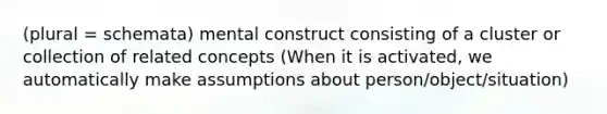 (plural = schemata) mental construct consisting of a cluster or collection of related concepts (When it is activated, we automatically make assumptions about person/object/situation)