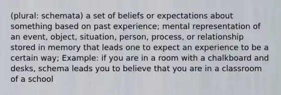 (plural: schemata) a set of beliefs or expectations about something based on past experience; mental representation of an event, object, situation, person, process, or relationship stored in memory that leads one to expect an experience to be a certain way; Example: if you are in a room with a chalkboard and desks, schema leads you to believe that you are in a classroom of a school