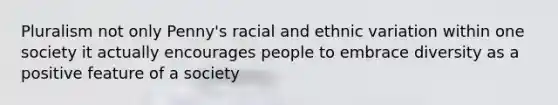 Pluralism not only Penny's racial and ethnic variation within one society it actually encourages people to embrace diversity as a positive feature of a society