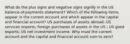 What do the plus signs and negative signs signify in the US balance-of-payments statement? Which of the following items appear in the current account and which appear in the capital and financial account? US purchases of assets abroad; US services imports; foreign purchases of assets in the US ; US good exports; US net investment income. Why must the current account and the capital and financial account sum to zero?