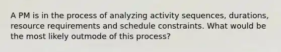 A PM is in the process of analyzing activity sequences, durations, resource requirements and schedule constraints. What would be the most likely outmode of this process?