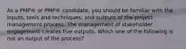 As a PMP® or PMP® candidate, you should be familiar with the inputs, tools and techniques, and outputs of the project management process. The management of stakeholder engagement creates five outputs. Which one of the following is not an output of the process?