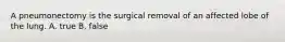 A pneumonectomy is the surgical removal of an affected lobe of the lung. A. true B. false