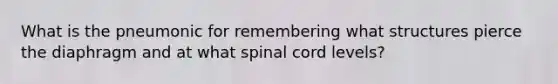 What is the pneumonic for remembering what structures pierce the diaphragm and at what spinal cord levels?