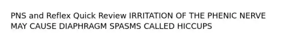 PNS and Reflex Quick Review IRRITATION OF THE PHENIC NERVE MAY CAUSE DIAPHRAGM SPASMS CALLED HICCUPS