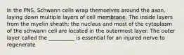 In the PNS, Schwann cells wrap themselves around the axon, laying down multiple layers of cell membrane. The inside layers from the myelin sheath; the nucleus and most of the cytoplasm of the schwann cell are located in the outermost layer. The outer layer called the __________ is essential for an injured nerve to regenerate