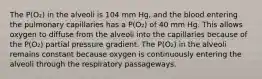 The P(O₂) in the alveoli is 104 mm Hg, and the blood entering the pulmonary capillaries has a P(O₂) of 40 mm Hg. This allows oxygen to diffuse from the alveoli into the capillaries because of the P(O₂) partial pressure gradient. The P(O₂) in the alveoli remains constant because oxygen is continuously entering the alveoli through the respiratory passageways.