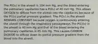 The P(O₂) in the alveoli is 104 mm Hg, and the blood entering the pulmonary capillaries has a P(O₂) of 40 mm Hg. This allows OXYGEN to diffuse from the alveoli into the capillaries because of the P(O₂) partial pressure gradient. The P(O₂) in the alveoli REMAINS CONSTANT because oxygen is continuously entering the alveoli through the respiratory passageways.The P(CO₂) in the alveoli is 40 mm Hg and that of the blood entering the pulmonary capillaries is 45 mm Hg. This causes CARBON DIOXIDE to diffuse down its partial pressure gradient from the blood into the alveoli.