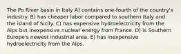 The Po River basin in Italy A) contains one-fourth of the country's industry. B) has cheaper labor compared to southern Italy and the island of Sicily. C) has expensive hydroelectricity from the Alps but inexpensive nuclear energy from France. D) is Southern Europe's newest industrial area. E) has inexpensive hydroelectricity from the Alps.