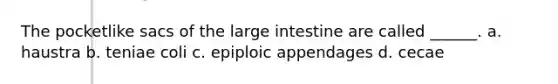 The pocketlike sacs of the large intestine are called ______. a. haustra b. teniae coli c. epiploic appendages d. cecae