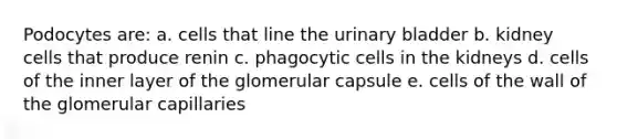 Podocytes are: a. cells that line the urinary bladder b. kidney cells that produce renin c. phagocytic cells in the kidneys d. cells of the inner layer of the glomerular capsule e. cells of the wall of the glomerular capillaries