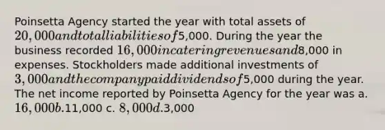 Poinsetta Agency started the year with total assets of 20,000 and total liabilities of5,000. During the year the business recorded 16,000 in catering revenues and8,000 in expenses. Stockholders made additional investments of 3,000 and the company paid dividends of5,000 during the year. The net income reported by Poinsetta Agency for the year was a. 16,000 b.11,000 c. 8,000 d.3,000