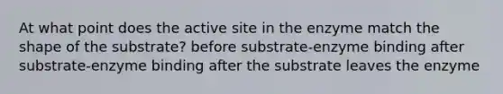 At what point does the active site in the enzyme match the shape of the substrate? before substrate-enzyme binding after substrate-enzyme binding after the substrate leaves the enzyme