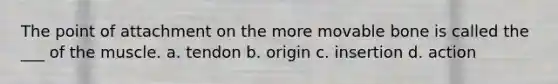 The point of attachment on the more movable bone is called the ___ of the muscle. a. tendon b. origin c. insertion d. action