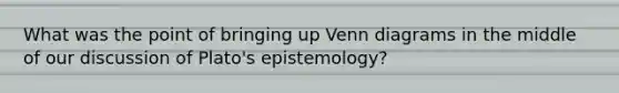 What was the point of bringing up <a href='https://www.questionai.com/knowledge/knGvAuOGM5-venn-diagram' class='anchor-knowledge'>venn diagram</a>s in the middle of our discussion of Plato's epistemology?