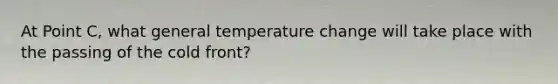 At Point C, what general temperature change will take place with the passing of the cold front?