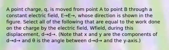 A point charge, q, is moved from point A to point B through a constant electric field, E→E→, whose direction is shown in the figure. Select all of the following that are equal to the work done on the charge by the electric field, Wfield, during this displacement, d→d→. (Note that x and y are the components of d→d→ and θ is the angle between d→d→ and the y-axis.)