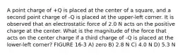 A point charge of +Q is placed at the center of a square, and a second point charge of -Q is placed at the upper-left corner. It is observed that an electrostatic force of 2.0 N acts on the positive charge at the center. What is the magnitude of the force that acts on the center charge if a third charge of -Q is placed at the lower-left corner? FIGURE 16-3 A) zero B) 2.8 N C) 4.0 N D) 5.3 N