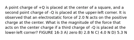 A point charge of +Q is placed at the center of a square, and a second point charge of -Q is placed at the upper-left corner. It is observed that an electrostatic force of 2.0 N acts on the positive charge at the center. What is the magnitude of the force that acts on the center charge if a third charge of -Q is placed at the lower-left corner? FIGURE 16-3 A) zero B) 2.8 N C) 4.0 N D) 5.3 N