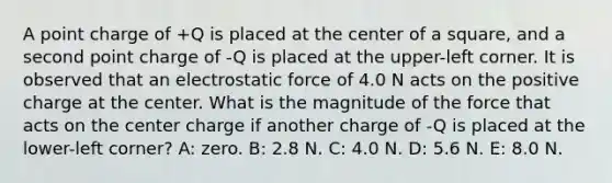 A point charge of +Q is placed at the center of a square, and a second point charge of -Q is placed at the upper-left corner. It is observed that an electrostatic force of 4.0 N acts on the positive charge at the center. What is the magnitude of the force that acts on the center charge if another charge of -Q is placed at the lower-left corner? A: zero. B: 2.8 N. C: 4.0 N. D: 5.6 N. E: 8.0 N.