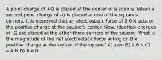 A point charge of +Q is placed at the center of a square. When a second point charge of -Q is placed at one of the square's corners, it is observed that an electrostatic force of 2.0 N acts on the positive charge at the square's center. Now, identical charges of -Q are placed at the other three corners of the square. What is the magnitude of the net electrostatic force acting on the positive charge at the center of the square? A) zero B) 2.8 N C) 4.0 N D) 8.0 N