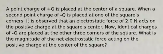 A point charge of +Q is placed at the center of a square. When a second point charge of -Q is placed at one of the square's corners, it is observed that an electrostatic force of 2.0 N acts on the positive charge at the square's center. Now, identical charges of -Q are placed at the other three corners of the square. What is the magnitude of the net electrostatic force acting on the positive charge at the center of the square?