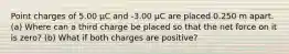 Point charges of 5.00 μC and -3.00 μC are placed 0.250 m apart. (a) Where can a third charge be placed so that the net force on it is zero? (b) What if both charges are positive?