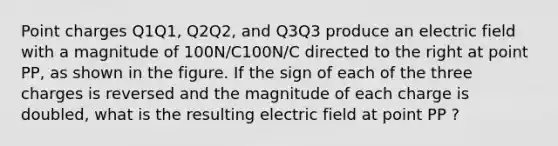 Point charges Q1Q1, Q2Q2, and Q3Q3 produce an electric field with a magnitude of 100N/C100N/C directed to the right at point PP, as shown in the figure. If the sign of each of the three charges is reversed and the magnitude of each charge is doubled, what is the resulting electric field at point PP ?