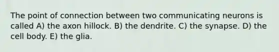 The point of connection between two communicating neurons is called A) the axon hillock. B) the dendrite. C) the synapse. D) the cell body. E) the glia.