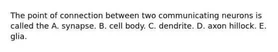 The point of connection between two communicating neurons is called the A. synapse. B. cell body. C. dendrite. D. axon hillock. E. glia.
