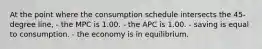 At the point where the consumption schedule intersects the 45-degree line, - the MPC is 1.00. - the APC is 1.00. - saving is equal to consumption. - the economy is in equilibrium.