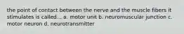 the point of contact between the nerve and the muscle fibers it stimulates is called... a. motor unit b. neuromuscular junction c. motor neuron d. neurotransmitter