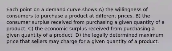 Each point on a demand curve shows A) the willingness of consumers to purchase a product at different prices. B) the consumer surplus received from purchasing a given quantity of a product. C) the economic surplus received from purchasing a given quantity of a product. D) the legally determined maximum price that sellers may charge for a given quantity of a product.