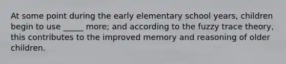 At some point during the early elementary school years, children begin to use _____ more; and according to the fuzzy trace theory, this contributes to the improved memory and reasoning of older children.