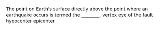 The point on Earth's surface directly above the point where an earthquake occurs is termed the ________. vertex eye of the fault hypocenter epicenter