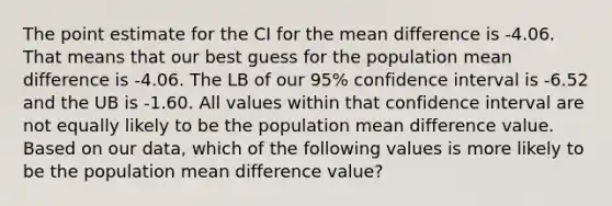 The point estimate for the CI for the mean difference is -4.06. That means that our best guess for the population mean difference is -4.06. The LB of our 95% confidence interval is -6.52 and the UB is -1.60. All values within that confidence interval are not equally likely to be the population mean difference value. Based on our data, which of the following values is more likely to be the population mean difference value?