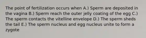 The point of fertilization occurs when A.) Sperm are deposited in the vagina B.) Sperm reach the outer jelly coating of the egg C.) The sperm contacts the vitelline envelope D.) The sperm sheds the tail E.) The sperm nucleus and egg nucleus unite to form a zygote