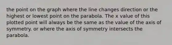 the point on the graph where the line changes direction or the highest or lowest point on the parabola. The x value of this plotted point will always be the same as the value of the <a href='https://www.questionai.com/knowledge/kgExf582dN-axis-of-symmetry' class='anchor-knowledge'>axis of symmetry</a>. or where the axis of symmetry intersects the parabola.