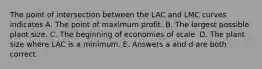 The point of intersection between the LAC and LMC curves indicates A. The point of maximum profit. B. The largest possible plant size. C. The beginning of economies of scale. D. The plant size where LAC is a minimum. E. Answers a and d are both correct.