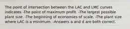 The point of intersection between the LAC and LMC curves indicates -The point of maximum profit. -The largest possible plant size. -The beginning of economies of scale. -The plant size where LAC is a minimum. -Answers a and d are both correct.