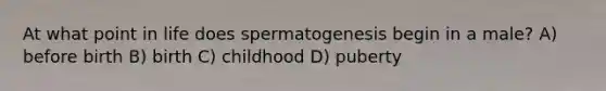 At what point in life does spermatogenesis begin in a male? A) before birth B) birth C) childhood D) puberty